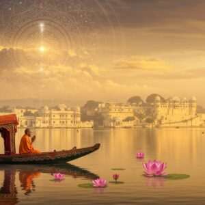 A serene scene of Udaipur's Lake Pichola at sunrise, with the golden light reflecting off the water. In the foreground, a traditional boat with intricate Pattachitra patterns drifts gently, carrying an Indian pilgrim dressed in a saffron robe, hands folded in prayer. The background features the majestic City Palace glowing in warm, ethereal hues, while soft pastel-colored clouds drift lazily in the sky. Intricate lotus flowers float on the water surface, and a glowing mandala subtly overlays the scene, symbolizing divine connection. The atmosphere is tranquil and spiritual, capturing the essence of a modern pilgrimage intertwined with rich cultural heritage. The art style is a blend of traditional Indian and contemporary digital aesthetics, focusing on deep colors and serene spirituality.