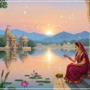 A serene depiction of Udaipur's enchanting landscape, blending tradition and nature harmoniously. The foreground features a tranquil lake reflecting the golden hues of the sunrise, surrounded by lush greenery and ancient temples with intricately carved pillars. A traditional Indian woman dressed in a vibrant maroon and gold saree, adorned with delicate jewelry, gracefully performs a spiritual ritual by the water's edge. Her calm demeanor embodies mindfulness. In the background, majestic peacock blue hills rise gently, adorned with small mandalas and lotus motifs subtly integrated into the scenery. The sky is a soft pastel pink, with ethereal glowing lights hinting at spirituality. The art style combines traditional Indian art forms with modern digital aesthetics, creating an inviting atmosphere of tranquility and cultural richness.