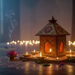 A serene indoor setting featuring a traditional Indian dhuni setup in a modern home. The dhuni is elegantly designed with intricate Pattachitra patterns, surrounded by soft glowing lights that cast a warm, inviting glow. The scene is adorned with elements like lotus flowers and a subtle mandala pattern on the floor. The color palette includes rich golds, saffron, and maroon, blending with soft blues and pinks. Incense smoke spirals gently upwards, adding a mystical aura. The background showcases a modern interior with cultural motifs, emphasizing tranquility and mindfulness, inviting the viewer to explore the sacred fire ritual.