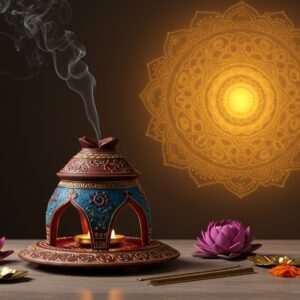 A serene indoor setting depicting a beautifully crafted Dhuni, with gentle wisps of sacred smoke rising upwards. The Dhuni is intricately designed, combining traditional elements with a modern touch; the base is adorned with Madhubani patterns and the sides have Pattachitra-inspired motifs. In the background, a subtle digital mandala glows softly, casting a warm golden light across the scene. The color palette is rich with maroon, peacock blue, and saffron hues. Around the Dhuni are small offerings: lotus flowers and incense sticks. The overall atmosphere is peaceful and inviting, evoking a sense of spirituality and modern elegance. The image captures the essence of a spiritual space transformed for contemporary living, encouraging readers to explore their spiritual journey at home.