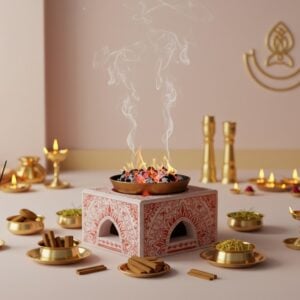A serene and ethereal indoor setting showcasing a beautifully crafted dhuni (sacred fire pit) in the center, with soft, glowing embers and gentle wisps of smoke rising elegantly. The dhuni is adorned with intricate patterns reminiscent of traditional Indian art forms like Madhubani and Pattachitra, incorporating motifs such as lotus flowers and mandalas. Surrounding the dhuni are essential items for the ritual—small brass bowls with sandalwood, camphor, and incense sticks. The room is softly lit with pastel hues of warm gold and pale pink, casting a tranquil ambiance. In the background, there are subtle depictions of Hindu spiritual symbols, creating an aura of spirituality and mindfulness. The overall aesthetic is modern yet deeply rooted in cultural heritage, inviting viewers into a space of peace and reflection.
