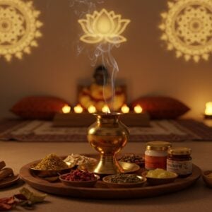 A serene and spiritual scene of a home interior transformed into a sacred space for creating a dhuni. In the center, a beautifully crafted dhuni setup with a traditional brass vessel emitting gentle, swirling smoke. The room is softly lit with warm, golden hues, reflecting off walls adorned with intricate Madhubani and Pattachitra patterns. In the foreground, an elegant arrangement of dhuni essentials like sandalwood, herbs, and ghee, artistically displayed on a wooden tray. A tranquil atmosphere is enhanced by glowing mandalas on the walls and a lotus flower motif subtly integrated into the decor. The overall aesthetic combines traditional Indian spirituality with modern minimalism, inviting readers into a peaceful and mindful environment.