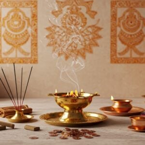 A serene, modern Indian living space infused with traditional spiritual elements. In the center, a beautifully crafted dhuni (sacred fire pit) made of polished brass, emitting gentle smoke that spirals upward in ethereal patterns. Surrounding the dhuni are essential items like incense sticks, sandalwood pieces, and a small copper kalash filled with water. The backdrop features soft pastel walls adorned with intricate, digital renditions of Madhubani and Pattachitra motifs in gold and saffron hues. Soft glowing lights illuminate the scene, casting a warm, tranquil ambiance. A lotus flower arrangement is subtly placed nearby, adding to the spiritual essence. The art style is hyperrealistic with a touch of surrealism, blending traditional and modern aesthetics, ensuring cultural authenticity and inviting curiosity.