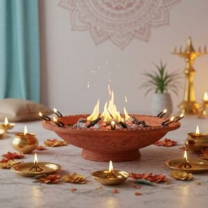 A serene and spiritual scene of a beautifully arranged home dhuni setup, set within a modern Indian living space. The focal point is a traditional dhuni fire pit with glowing embers, surrounded by intricate cultural motifs like lotus flowers and mandalas. Warm, soft lighting emanates from the dhuni, casting a gentle glow on the surroundings. The background features ornate Indian decor elements in a harmonious blend of pastel colors such as soft blue, pale pink, and warm gold. The atmosphere exudes tranquility and mindfulness, inviting the viewer into a peaceful spiritual journey. Art style merges traditional Indian art forms with modern digital aesthetics, ensuring a balance of heritage and innovation.