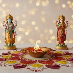 A serene indoor scene depicting a sacred dhuni setup, emanating a soft, ethereal glow. In the center, a small, ornate fire pit is surrounded by intricate patterns of lotus petals and mandalas, created with saffron and maroon powders. Flanking the dhuni are beautifully detailed statues of Goddess Lakshmi and Lord Narayana, each adorned in regal attire with gold and peacock blue accents. Lakshmi holds a lotus in her right hand while Narayana holds a conch and a chakra in his upper hands. The background features a harmonious blend of traditional Indian motifs with modern digital aesthetics, using a pastel color palette to enhance the spiritual ambiance. Warm golden lights cast a tranquil glow over the entire setting, emphasizing the divine significance and harmony of the scene.