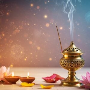 A serene and ethereal home dhuni setting, with a beautifully decorated altar featuring an intricately carved brass incense burner emitting wisps of fragrant smoke. The scene is bathed in soft, warm golden light, with pastel hues of pale pink and soft blue creating a tranquil ambiance. Surrounding the altar are delicate lotus flowers and subtle, glowing mandalas floating in the air. The background showcases an elegant blend of traditional Indian art patterns, with modern digital aesthetics, featuring deep colors like maroon and peacock blue. A gentle stream of light flows down from above, symbolizing divine energy, while an Indian woman in a graceful saree performs the ritual with peaceful mindfulness. The atmosphere conveys a sense of spirituality, harmony, and connection to the divine.