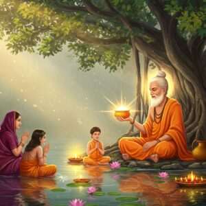 A serene and ethereal scene depicting a benevolent Indian sage with a tranquil expression, sitting under an ancient banyan tree. The sage is offering alms, symbolized by a radiant golden bowl, to a group of diverse individuals, including a woman in a vibrant maroon saree and a young child in a saffron kurta. The background is adorned with soft glowing mandalas and pastel-hued lotus flowers floating gently on a calm water surface. The atmosphere is illuminated by warm, golden light rays filtering through the tree leaves, casting a peaceful and spiritual glow. The art style should merge traditional Indian motifs with modern digital aesthetics, emphasizing the richness and depth of colors like gold, saffron, and peacock blue. The overall composition conveys the timeless tradition of Daan, or giving, highlighting its spiritual significance and harmony within Hindu culture.