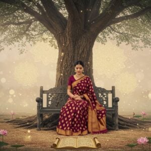 A serene scene featuring an elegant Indian woman dressed in a traditional deep maroon saree with golden patterns, sitting on a carved wooden bench under a large, ancient tree. The setting is an ethereal garden with soft, glowing pastel colors—pale pink, warm gold, and soft blue. Intricate glowing mandalas float subtly in the background, enhancing the spiritual ambiance. In front of her lies an open scroll with illuminated text, symbolizing ancient wisdom. Small, delicate lotus flowers and gentle rays of light fill the air, creating a tranquil, inspiring atmosphere. The art style combines traditional Indian aesthetics with modern digital flair, focusing on harmony and mindfulness.