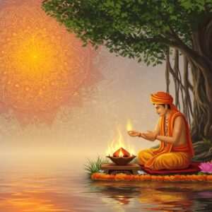 In a serene and ethereal setting, an intricately designed mandala glows softly in the background, featuring vibrant colors of saffron, maroon, and peacock blue. In the foreground, an Indian priest, dressed in traditional attire with a modern touch, performs a ritual under a tranquil banyan tree. The priest is surrounded by sacred symbols such as a glowing diya (oil lamp), a conch shell, and a lotus flower, each exquisitely detailed. The scene is illuminated by a warm, golden light that casts soft reflections on a calm water surface nearby. The atmosphere conveys a sense of spirituality and mindfulness, highlighting the significance of the Dashakarma Sanskaras in contemporary Hindu life. The art style merges traditional Indian motifs with modern digital aesthetics, creating an inviting and harmonious visual experience.