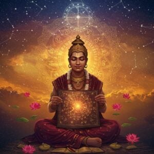 An ethereal scene featuring Sahadeva, the Pandava astrologer, seated gracefully under a vast cosmic sky filled with constellations and stars. He is depicted with serene Indian features, adorned in traditional attire of maroon and gold, with intricate patterns and symbols of astrology embroidered on his robes. In his hands, he holds an ancient astrological chart, illuminated with a soft, otherworldly glow. Surrounding him are floating lotus flowers and a subtle golden aura symbolizing wisdom. The background is a blend of deep peacock blue and saffron hues, with a large, intricate mandala softly glowing above him, reflecting the secrets of the universe. The atmosphere is tranquil and mystical, inviting the viewer into a world of ancient wisdom and cosmic insight.
