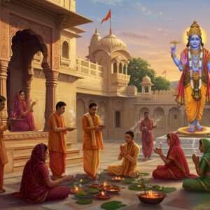 A vibrant scene depicting a serene temple courtyard in Udaipur, bathed in the soft glow of a setting sun. The temple is adorned with intricate carvings and colorful frescoes typical of Rajasthani architecture. In the foreground, a group of devoted Indian worshippers, dressed in elegant traditional attire in hues of maroon, saffron, and peacock blue, are engaged in a peaceful ritual. They hold offerings of lotus flowers and incense. In the background, an ethereal depiction of Lord Vishnu with four arms is visible, holding a conch, discus, lotus, and mace, standing on a lotus pedestal. The atmosphere is tranquil and spiritual, with gentle swirls of smoke from incense and the calming reflection of water from a nearby pond. The art style blends Madhubani patterns with digital aesthetics, showcasing a harmony between tradition and modernity. The scene radiates devotion and cultural richness.