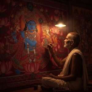 A captivating scene showcasing an Indian artisan, an elderly man with wisdom in his eyes, delicately painting a large Madhubani mural. His surroundings are filled with rich, deep colors like maroon and peacock blue. The mural depicts traditional Hindu spiritual motifs, including intricately detailed lotus flowers, mandalas, and divine figures like Krishna with his flute, portrayed with serene expressions. In the background, a warm, golden light bathes the scene, highlighting the artisan's focused expression. The art style merges traditional Indian artistry with modern digital aesthetics, creating an ethereal atmosphere that exudes tranquility and reverence for cultural heritage. The overall ambiance is serene, emphasizing the spiritual connection between the artisan and his craft.