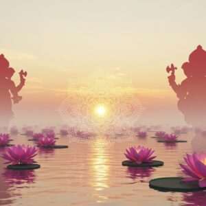 A serene and ethereal depiction of a tranquil scene featuring an intricately designed mandala glowing softly in the center, surrounded by vibrant lotus flowers floating on calm water surfaces. In the background, subtle silhouettes of Indian deities like Ganesha, with his elephant head and four arms, holding a lotus in one hand, a modak in another, an axe, and a noose, standing against a soft pastel-colored sky of pale pink and warm gold hues. The art style is a blend of traditional Indian art forms with modern digital aesthetics, featuring rich colors like maroon, saffron, and peacock blue. The image is imbued with a sense of spirituality and mindfulness, inviting viewers to explore the depths of Indian sacred art and symbolism.