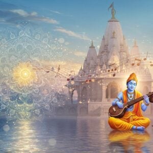 A serene and ethereal depiction of a traditional Indian temple surrounded by soft, glowing lights in pastel hues of blue, pink, and gold. In the foreground, an intricately designed mandala incorporating lotus motifs gently shimmers with luminescent detailing. The temple is adorned with golden accents, and a tranquil water surface reflects the soft lighting, creating an atmosphere of peace and spirituality. An Indian musician is seated cross-legged, playing a veena with a tranquil expression, enveloped by swirling notes of music that transform into delicate patterns in the air. The scene blends traditional Indian art forms with modern digital aesthetics, featuring elements reminiscent of Madhubani and Pattachitra styles. The overall mood is harmonious, inviting readers to immerse themselves in the divine experience of Divya Prabandham.
