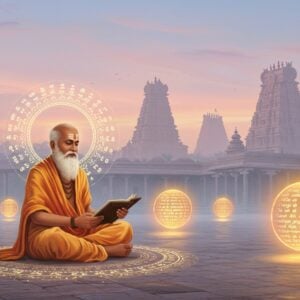 A serene and ethereal depiction of an ancient Tamil temple courtyard under a soft, pastel evening sky. In the foreground, a gracefully seated Indian sage in traditional Tamil attire, with a gentle smile, holding a palm-leaf manuscript. Around him, intricate patterns of glowing mandalas and stylized lotus flowers subtly illuminate the scene, creating an aura of tranquility and reverence. The sage is surrounded by soft glowing orbs that represent the divine hymns of Divya Prabandham, each orb reflecting a warm golden light. In the background, faint outlines of temple gopurams (towers) rise against the sky, enveloped in a delicate mist. The overall art style is a blend of traditional Indian aesthetics with modern digital techniques, using a soft palette of pale pinks, blues, and warm golds to evoke a sense of peace and spiritual depth.