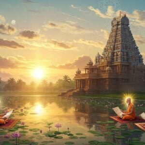 A serene, ethereal landscape showcasing a grand ancient South Indian temple, intricately detailed with rich patterns and carvings, nestled amidst lush greenery and softly flowing lotus-filled ponds. The temple is bathed in the warm, golden glow of the setting sun, with rays reflecting off the surface of the water, creating an otherworldly, peaceful ambiance. In the foreground, a group of Indian sages in traditional attire are seated on ornate mats, deeply immersed in reading ancient scrolls. A gentle aura of light surrounds them, representing divine inspiration. Above, pastel-colored clouds and soft glowing mandalas fill the sky, enhancing the spiritual essence of the scene. The overall mood is tranquil and contemplative, with elements of heritage art style subtly blended with modern digital aesthetics.