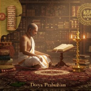 An ethereal, serene image depicting a traditional Indian scholar in a peaceful study setting, surrounded by ancient palm leaf manuscripts and sacred texts of the Divya Prabandham. The scholar, dressed in a traditional white dhoti and angavastram, sits cross-legged on an intricately designed maroon and gold carpet. In the background, ornate wooden shelves filled with scriptures and commentaries are visible. Soft golden light emanates from an oil lamp, casting a warm glow over the scene. The setting is adorned with subtle Hindu motifs like lotus flowers and glowing mandalas, blending a traditional Indian aesthetic with modern digital artistry. The atmosphere conveys a sense of spirituality, wisdom, and deep cultural heritage, inviting readers into the profound world of these sacred hymns.
