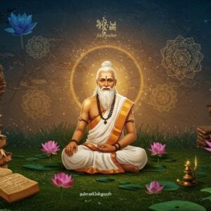 A serene and ethereal scene featuring a wise Indian scholar, dressed in traditional attire with a modern twist, seated in a tranquil garden surrounded by ancient Tamil manuscripts. The scholar is illuminated by a soft, glowing light, symbolizing enlightenment. Delicate lotus flowers and intricate mandalas float around, creating an aura of spirituality and knowledge. The background includes peacock blue and warm gold hues, with subtle digital aesthetics enhancing the traditional art forms. The setting conveys a sense of mindfulness and harmony, inviting viewers to explore the depths of the Divya Prabandham.