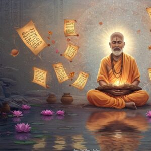 An ethereal scene depicting a serene, spiritual atmosphere with an Indian saint in traditional attire, seated in a meditative pose, surrounded by floating, illuminated scrolls inscribed with ancient Tamil script. The saint is depicted with a calm expression, eyes gently closed, immersed in recitation. A luminous mandala glows softly behind, radiating pastel hues of soft blue and pale pink. In the foreground, a flowing, tranquil river reflects the scene, while lotus flowers gently float on its surface. The background features a rich tapestry of intricate patterns inspired by Dravidian art, with subtle hints of modern digital aesthetics. The lighting is gentle and warm, emphasizing harmony and mindfulness.