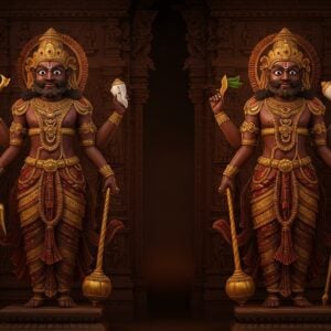 A pair of majestic Dvarapalas, the divine guardians, standing tall and regal at the entrance of an ancient Hindu temple. They are depicted as fierce yet serene Indian warriors, each with four arms holding traditional weapons like a mace, conch shell, lotus, and a noose. Their expressions are protective and benevolent. They are adorned with intricate golden armor, elaborate jewelry, and ornate crowns. The backdrop features detailed temple carvings, with a subtle glow emanating from the entrance, symbolizing divinity and protection. The colors are rich and deep, incorporating maroon, gold, and peacock blue, with intricate patterns and motifs inspired by Madhubani and Pattachitra art. The scene is illuminated with warm golden light, highlighting the spiritual atmosphere and drawing attention to the serene yet powerful presence of the Dvarapalas.