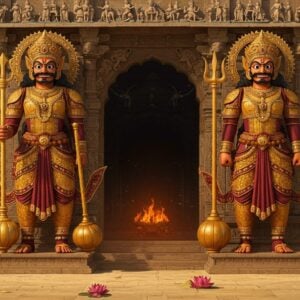 An intricate and captivating scene featuring two majestic Dvarapalas, standing as powerful guardians at the entrance of an ancient temple. The Dvarapalas are depicted with traditional Indian features, adorned in gold and saffron armor, their expressions fierce yet serene. Each guardian holds a traditional weapon - one with a mace and the other with a trident, showcasing their protective role. The temple entrance is embellished with detailed carvings and vibrant motifs of lotus flowers and sacred symbols. The setting is bathed in warm, golden light, highlighting the rich maroon and peacock blue hues of the guardians' attire and the temple facade. The background subtly blends with modern digital aesthetics, creating an ethereal atmosphere that bridges the past with the present. The overall tone exudes spirituality, strength, and mysticism, drawing viewers into the world of Dvarapalas in popular culture.