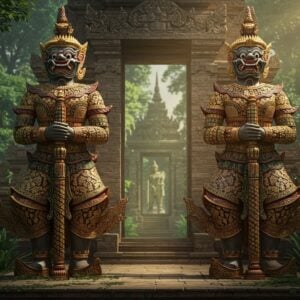A pair of majestic Dvarapalas, traditional Southeast Asian temple guardians, stand vigilantly at the grand entrance of an ancient temple. Each guardian is depicted with a robust physique, wearing intricately detailed traditional armor adorned with elaborate patterns and motifs. Their expressions are fierce yet regal, symbolizing protection and strength. The backdrop features lush greenery and ancient stone carvings, reflecting the historical significance. Soft, ethereal lighting highlights the guardians' features, while warm tones of gold, maroon, and peacock blue add depth and allure. The art style merges traditional Southeast Asian artistic elements with modern digital aesthetics, creating a captivating visual that embodies cultural richness and spiritual guardianship.