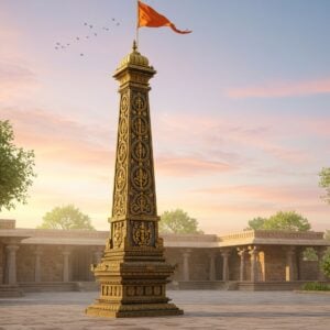 A majestic and intricately designed Dwajasthambam (flagpole) standing tall in a serene temple courtyard, surrounded by lush greenery and soft golden sunlight. The Dwajasthambam is adorned with detailed carvings depicting Hindu mythology, featuring lotus motifs and traditional patterns that merge seamlessly with modern digital aesthetics. The base is crafted from polished stone with intricate inlays of gold and saffron hues, leading up to a slender pole made of shimmering bronze. At the top, a vibrant saffron flag gently flutters in the breeze, casting a sense of reverence and spirituality. The background showcases an ethereal pastel sky with soft pink and blue tones, enhancing the calmness of the scene. The overall composition balances tradition with innovation, exuding tranquility and cultural richness.