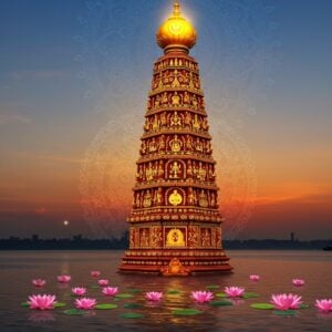 A majestic Dwajasthambam, towering against a serene twilight sky, adorned with intricate carvings and motifs inspired by traditional Indian art forms like Madhubani and Pattachitra. The pole is bathed in a soft, ethereal glow, casting warm golden light on the surroundings. At its base, a tranquil scene of lotus flowers floating on calm water, with subtle reflections adding depth. Surrounding the Dwajasthambam are delicate mandalas and spiritual symbols subtly woven into the background, symbolizing its rich history and significance. The overall color palette includes deep maroons, peacock blues, and saffron, blending heritage with modern digital aesthetics for a captivating visual.