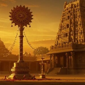 In a grand Hindu temple courtyard bathed in warm golden light, stands a majestic Dwajasthambam, intricately adorned with traditional Indian motifs and carvings. The flagstaff is embellished with detailed engravings of lotus flowers and sacred Hindu symbols. Surrounding the Dwajasthambam are softly glowing mandalas and ethereal spiritual lights, casting a serene and mystical ambiance. In the background, the temple's gopuram is visible, embellished with rich colors like saffron and maroon. The scene captures the reverence and grandeur of this architectural feature, blending ancient heritage with a modern digital aesthetic that highlights its spiritual significance and beauty. The art style is a harmonious fusion of traditional and digital elements, evoking tranquility and mindfulness.