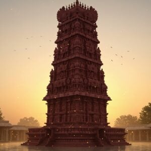 A majestic Dwajasthambam rising against a serene temple courtyard bathed in the warm glow of a setting sun. The pillar is intricately adorned with traditional Indian motifs, including lotus flowers and intricate carvings, merging the artistry of Madhubani and Pattachitra styles with modern digital aesthetics. Rich hues of maroon and gold highlight the intricate details, while soft pastel skies in shades of pale pink and warm gold provide a tranquil backdrop. The scene is ethereal and spiritual, with soft glowing lights accentuating the grandeur of the Dwajasthambam. Surrounding elements include gently swaying trees and subtle reflections on a calm water surface, emphasizing harmony and mindfulness. The overall composition balances heritage with innovation, drawing viewers into a world of cultural richness and divine beauty.
