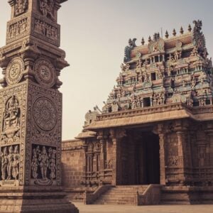 A majestic and intricately designed Dwajasthambam standing tall at the entrance of a grand Indian temple, bathed in soft, golden light. The pillar is adorned with detailed carvings of Hindu deities and sacred symbols, such as lotus flowers and mandalas, in a style that merges traditional Indian art forms like Madhubani and Pattachitra with modern digital aesthetics. The temple in the background features rich, deep colors like maroon and peacock blue, with ornate patterns highlighting its grandeur. The scene is enveloped in an ethereal glow, with soft pastel hues like pale pink and warm gold creating a serene and spiritual ambiance. The atmosphere is tranquil, inviting the viewer to delve into the spiritual significance and architectural beauty of the Dwajasthambam.
