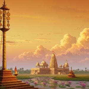 A serene and ethereal depiction of a majestic Dwajasthambam, or Hindu temple flagpole, standing tall against a twilight sky, painted in rich saffron and gold hues. The flagpole is intricately adorned with traditional Indian motifs and symbols, illuminated by a soft golden glow that highlights its spiritual significance. In the background, a tranquil temple with ornate carvings and glowing lamps can be seen, surrounded by a landscape of lotus-filled water bodies and gently swaying palm trees. The scene is bathed in a calm, mystical light, with pastel-colored clouds drifting in the sky, evoking a sense of reverence and awe. The art style should blend traditional Indian aesthetics with modern digital techniques, capturing the essence of cultural heritage and spirituality.