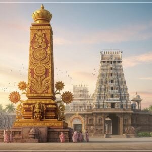 A majestic scene depicting an iconic Dwajasthambam, intricately carved with traditional patterns and motifs, standing tall and proud at the entrance of a famous Indian temple. The Dwajasthambam is adorned with vibrant colors like gold, maroon, and saffron, reflecting the rich heritage of Indian art. Surrounding the Dwajasthambam are lush, stylized lotus flowers and delicate mandalas, enhancing its spiritual aura. In the background, the temple is visible with its ornate architecture, featuring detailed carvings and golden highlights under a soft, ethereal light that bathes the scene in tranquility. The sky is a palette of pastel hues - soft blue and pale pink - creating a serene atmosphere. This captivating image is designed to draw the viewer in with its blend of traditional beauty and modern digital aesthetics.