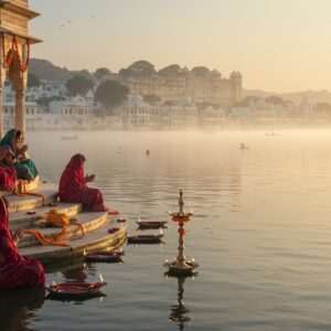 A serene scene of Udaipur's sacred lake, Pichola, during a tranquil sunrise, with a majestic view of the City Palace in the background. The waters are calm and reflective, capturing the golden hues of the rising sun. In the foreground, an intricately carved stone ghat adorned with vibrant marigold garlands and diyas (oil lamps) gently floating on the water. A group of Indian women dressed in traditional Rajasthani attire in rich colors like maroon and peacock blue are engaged in a peaceful morning ritual of prayer and meditation. The atmosphere is ethereal, with a soft glow emanating from the scene, and a subtle aura of tranquility and spirituality. The art style is a blend of traditional Indian elements and modern digital aesthetics, emphasizing harmony and cultural richness.