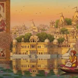 In the heart of Udaipur, a serene scene unfolds with an intricately detailed Pattachitra-inspired landscape. The foreground showcases a tranquil lake reflecting a golden palace, reminiscent of the city's iconic architecture, adorned with delicate lotus flowers. In the mid-ground, Indian artisans in traditional attire are engaged in creating spiritual art, surrounded by glowing mandalas and ornate cultural motifs. The background reveals ancient temples with towering spires, bathed in a warm saffron and maroon glow from the setting sun. Soft pastel hues envelop the sky, accentuating the ethereal atmosphere. The overall composition conveys a harmonious blend of ancient spirituality and modern digital aesthetics, inviting viewers to delve into Udaipur's rich heritage.