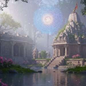 An ethereal scene depicting a hidden sacred site in India, featuring an ancient temple partially covered by lush greenery and vibrant flowers. The temple's intricate carvings and stone sculptures showcase traditional Indian art styles, with spiritual symbols like the Om and lotus motifs subtly integrated. A serene, glowing mandala floats above the temple, casting soft pastel hues of blue, pink, and gold across the landscape. In the foreground, a tranquil water surface reflects the divine scene, enhancing the sense of peace and spirituality. The overall atmosphere is mystical and inviting, with gentle rays of sunlight filtering through the trees, creating an aura of discovery and divinity. Art style merges traditional Indian aesthetics with modern digital elements, ensuring a captivating and harmonious visual appeal.