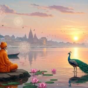 A serene Indian landscape with a distant view of the majestic, ancient temple complex of Varanasi on the banks of the Ganges River. The scene is bathed in a warm, ethereal glow of the setting sun, casting reflections on the calm water. In the foreground, a meditating Indian sage in traditional saffron robes sits peacefully on a rock, surrounded by gently flowing lotuses and soft, glowing mandalas floating above the water. Nearby, a peacock with its iridescent feathers stands gracefully, symbolizing divine beauty. The sky is adorned with pastel pink and soft blue hues, creating a tranquil and spiritual ambiance. Art style merges traditional Indian patterns with modern digital aesthetics, highlighting intricate details and cultural motifs.