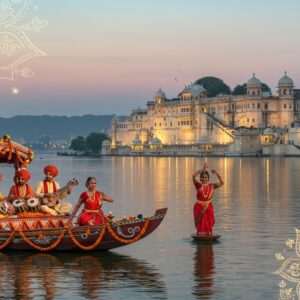 A serene and enchanting scene of Udaipur's iconic City Palace set against a twilight sky, where the pastel colors of soft blue and pale pink blend seamlessly into the horizon. The tranquil waters of Lake Pichola reflect the shimmering palace lights, casting a warm golden glow across the scene. In the foreground, a traditional Indian boat with intricately carved motifs gently floats, adorned with vibrant marigold garlands. The atmosphere is alive with cultural vibrancy; a group of Indian musicians in traditional attire play classical instruments on the palace steps, while a graceful dancer in a flowing saree performs an elegant pose. Glowing mandalas and delicate lotus flowers subtly embellish the scene, creating an ethereal and spiritual aura. The art style merges traditional Indian aesthetics with modern digital techniques, capturing the essence of Udaipur's rich culture and spiritual ambiance.
