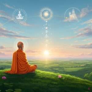 A serene Indian sage seated in a meditative posture on a lush green hilltop, overlooking a vast, tranquil landscape that merges with the sky. The sage is draped in traditional saffron robes, surrounded by glowing mandalas and delicate lotus flowers. In the background, ethereal silhouettes represent the interconnectedness of Vedanta, Yoga, and Samkhya philosophies; each philosophy depicted as a distinct yet harmonious entity, with subtle symbols such as a serpent representing yoga and a cosmic diagram for Vedanta. The color palette features soft blues, warm golds, and pale pinks, creating an ethereal and spiritual atmosphere. The scene captures a sense of peaceful introspection and enlightenment, inviting the viewer into the depths of Hindu philosophy. The art style is a blend of traditional Indian motifs with modern digital aesthetics, conveying tranquility and mindfulness.