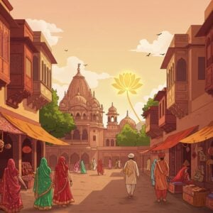 An elegant depiction of a vibrant and bustling Lucknow street, capturing the essence of its rich history and culture. The scene features traditional Indian architecture with intricate facades, arches, and ornate balconies in warm maroon and saffron tones. Street vendors with colorful stalls display intricate Chikan embroidery and traditional crafts. Indian women in vibrant sarees and men in traditional kurtas walk alongside, creating a lively atmosphere. A serene temple with a glowing golden aura is visible in the background, symbolizing the city's spiritual heritage. The sky is painted with pastel hues, and a large, stylized lotus flower floats ethereally in the foreground. The overall art style combines traditional Indian motifs with modern digital aesthetics, exuding a sense of harmony and cultural richness.