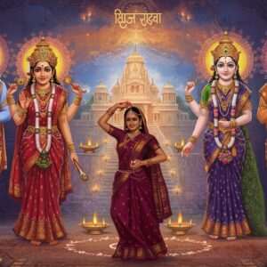 A vibrant scene showcasing a tapestry of India's diverse spiritual traditions. In the foreground, a traditional Indian woman in a deep maroon saree performs a devotional dance, surrounded by intricate patterns of glowing mandalas and lotus flowers. The background features a serene temple landscape with softly glowing lights and pastel hues of soft blue and warm gold, creating an ethereal and surreal ambiance. On either side, stylized depictions of regional deities in traditional attire appear, each adorned with unique cultural motifs and symbols like peacock feathers and saffron garlands. The art style blends traditional Indian art forms with modern digital aesthetics, emphasizing rich colors and intricate patterns, inviting the viewer to delve into India's spiritual tapestry.