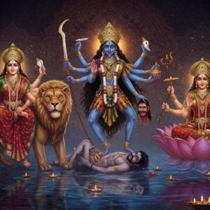 A majestic, ethereal scene featuring the divine goddesses Kali, Durga, and Parvati. In the center stands Kali, her four hands depicted with symbolic items: a sword, a trident, a severed demon head, and a bowl to collect blood. Her eyes glow with divine energy as she stands on a calm water surface, symbolizing her transcendence. To her left, Durga is portrayed riding a powerful lion, her ten arms holding various weapons and symbols like a conch and chakra, showcasing her warrior aspect. To her right, Parvati is depicted in serene meditation, sitting gracefully on a lotus flower. The backdrop is a blend of modern digital aesthetics with traditional Indian art motifs, featuring intricate mandalas and lotus patterns in deep colors like maroon, peacock blue, and gold. The scene is illuminated with soft glowing lights that add a surreal and spiritual quality, inviting the viewer into the world of these powerful goddesses. The overall tone is tranquil yet powerful, reflecting the divine feminine energy and spiritual significance of Kali, Durga, and Parvati.
