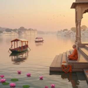 A serene scene of Udaipur, the City of Lakes, captured at dawn. The tranquil waters of Lake Pichola reflect the soft pastel hues of the morning sky, with gentle ripples creating a sense of calm. In the background, the majestic City Palace stands gracefully, bathed in the warm, golden glow of the rising sun. Traditional Indian boats float gently on the lake, adorned with vibrant marigold garlands. Along the lake's edge, a series of intricately carved stone steps lead to a peaceful ghats area, where a lone Indian yogi sits in meditation, enveloped in an aura of peace and spirituality. Lotus flowers float on the water surface, adding to the ethereal beauty. The art style merges traditional Indian art forms with modern digital aesthetics, emphasizing tranquility and harmony, perfect for a spiritual journey through Udaipur.