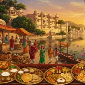 A vibrant, enchanting Indian market scene in Udaipur, brimming with stalls showcasing an array of colorful, traditional Sattvic dishes. The air is filled with the aroma of spices, and the scene is bustling with elegantly dressed Indian vendors and visitors in modern yet traditional attire. The background features the iconic City Palace of Udaipur, its intricate architecture softly illuminated by a setting sun, casting a warm golden glow. The foreground displays exquisite thalis adorned with dishes like kheer, sabzi, and roti, each carefully garnished with fresh herbs. A serene lake with lotus flowers reflects the palace's silhouette, adding a sense of tranquility and cultural richness. The art style merges traditional Indian art forms with a contemporary digital aesthetic, emphasizing rich colors like maroon, saffron, and peacock blue, inviting viewers to embark on a culinary journey through the flavors of faith.