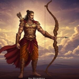 An epic depiction of Arjuna, the heroic prince from Mahabharata, standing valiantly with his divine bow, Gandiva, in hand. Arjuna is portrayed as a strong and noble Indian warrior, wearing intricately designed armor with gold and saffron hues. Gandiva glows with an ethereal light, adorned with detailed carvings of lotus flowers and celestial motifs. The background features a surreal landscape with rolling clouds and a soft, glowing mandala, adding a spiritual aura. The scene captures a moment of serenity before battle, with Arjuna gazing confidently into the horizon, symbolizing courage and divine favor. The art style blends traditional Indian artistry with modern digital aesthetics, using rich colors like maroon and peacock blue to enhance the mystique and allure of the legendary bow.