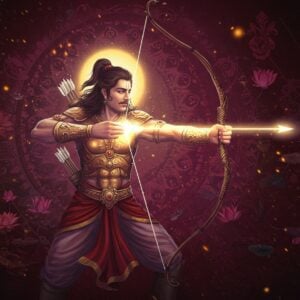 An ethereal scene depicting the legendary Gandiva bow, glowing with a divine aura in the hands of Arjuna, a heroic Indian warrior with majestic armor and determined expression. The background features a vibrant blend of traditional Indian art styles with modern digital aesthetics, including intricate patterns and motifs like lotus flowers and mandalas in deep colors such as maroon and peacock blue. Arjuna is poised in a powerful stance, his long hair flowing, with celestial light illuminating the bow. The scene captures a surreal, spiritual essence, with softly glowing lights and a serene, otherworldly atmosphere, inviting viewers to explore its significance.