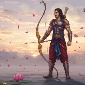 In a serene and mystical setting, Arjuna stands tall and resolute, holding the magnificent Gandiva bow, its celestial design glowing with ethereal light. The bow is intricately adorned with divine motifs and golden patterns that shimmer under the soft pastel glow of a surreal dawn sky. Arjuna, depicted as a noble Indian warrior with an aura of strength and tranquility, wears traditional armor with intricate details in maroon and peacock blue hues. His expression is one of deep focus and determination. Surrounding him are floating lotus petals and softly glowing mandalas, creating an atmosphere of sacred energy and timeless legend. The scene is rich with cultural symbolism and spirituality, rendered in a hyperrealistic digital art style that blends the traditional with the contemporary.