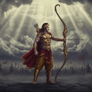In a majestic and ethereal setting, Arjuna stands tall and poised, holding the divine Gandiva bow. The scene is set in an ancient battlefield with a backdrop of swirling clouds and beams of light breaking through, highlighting the celestial nature of the bow. Gandiva is intricately designed with ornate patterns and glowing with a subtle aura of power, exuding a sense of ancient strength and divinity. Arjuna, dressed in traditional warrior attire with gold embellishments, is depicted with a focused and determined expression. His armor glistens in shades of gold and peacock blue, complementing the rich, deep colors of the environment. Around him, faint images of Hindu deities and mythological symbols can be seen subtly woven into the clouds, emphasizing the divine origin and significance of Gandiva. The overall tone is spiritual and grand, capturing the viewer's attention with its blend of traditional art forms and modern digital aesthetics.