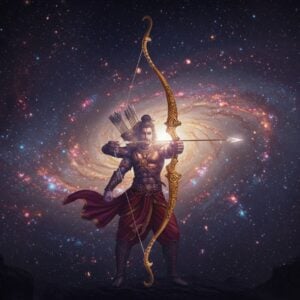 A majestic portrayal of Gandiva, Arjuna's legendary bow, glowing with an ethereal aura in the hands of a powerful Indian warrior resembling Arjuna. The scene is set against a backdrop of a surreal, cosmic landscape with swirling galaxies and shimmering stars. The bow is intricately designed with golden patterns and adorned with lotus motifs, reflecting its divine origin. Arjuna is depicted with four arms, holding the bow in two, while the other two hold arrows that glimmer with a magical light. His attire is a blend of traditional warrior garments and modern aesthetics, with deep maroon and peacock blue hues. The atmosphere is both mystical and contemporary, capturing the essence of ancient mythology meeting modern digital art.