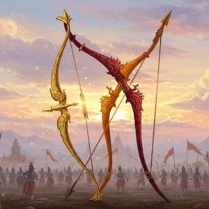 In an ethereal battlefield setting, depict the two legendary bows of the Mahabharata - Gandiva and Vijaya - as the focal point. Gandiva, with its intricate carvings and celestial shine, emits a radiant golden glow, adorned with divine peacock feather motifs, while resting against a backdrop of soft pastel clouds. Vijaya, with its deep maroon hue and elaborate patterns of lotus flowers and mandalas, glimmers in saffron light, symbolizing power and valor. In the background, a serene landscape reminiscent of ancient India merges with a modern digital aesthetic, featuring subtle hints of traditional Indian art forms like Madhubani. The scene is framed by soft glowing lights that create an aura of spiritual grandeur, inviting viewers into the timeless world of the Mahabharata.